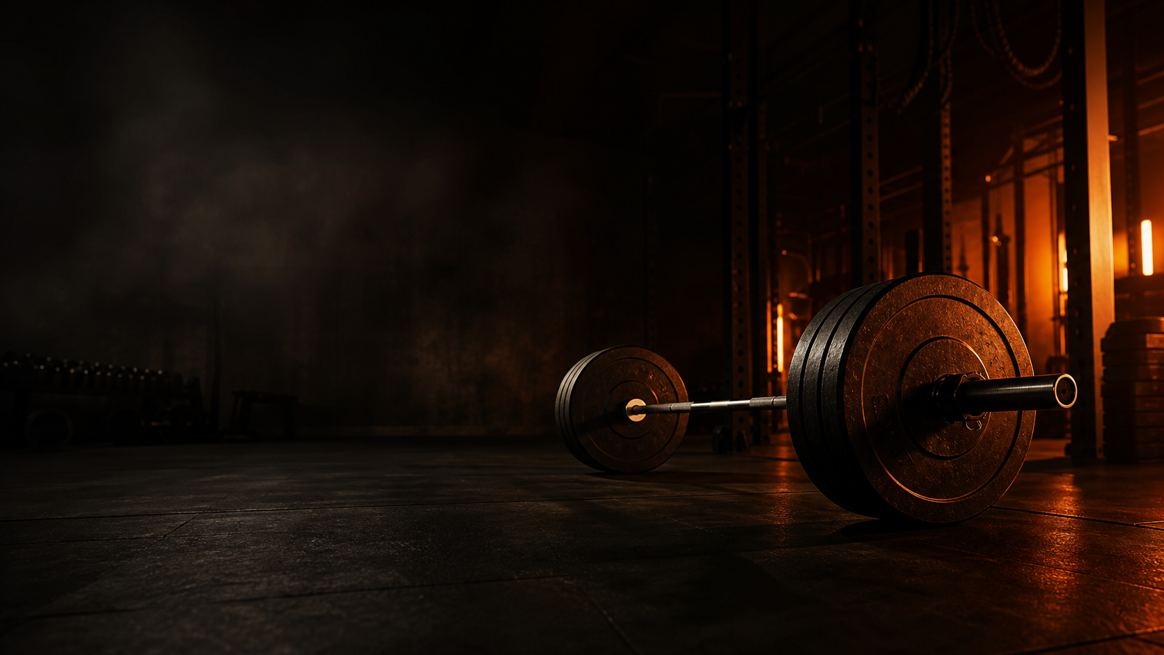 Dramatic dark gym interior with barbell and warm orange lighting — Harmonized Fitness
